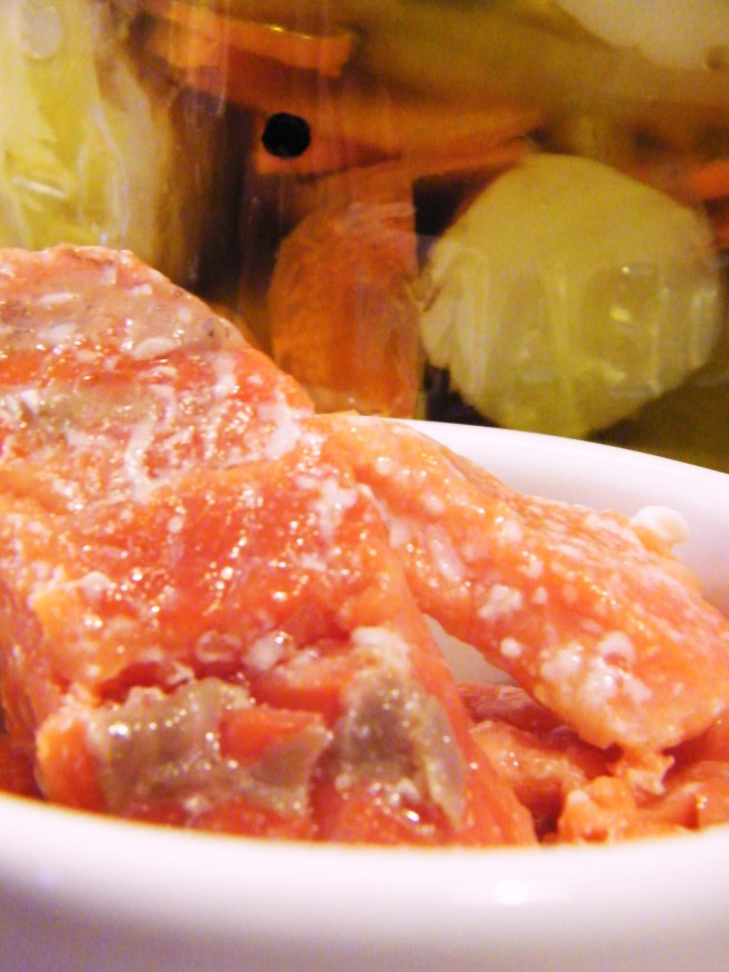 The cured, baked salmon, with the jarred potatoes in the background