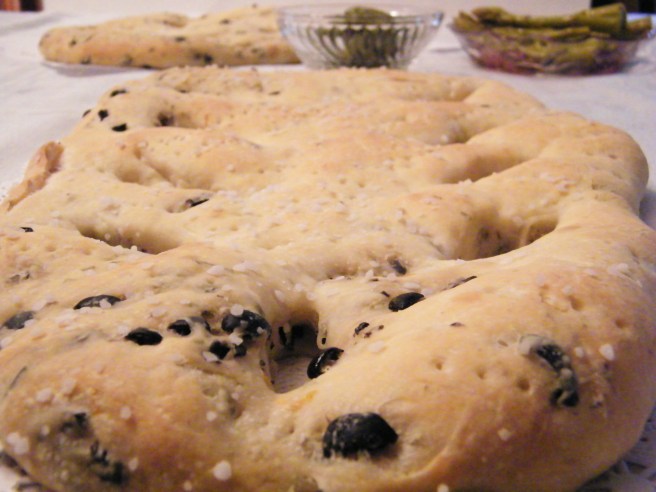 The finished fougasse, with the second loaf in the background with some cornichons and pickled asparagus.